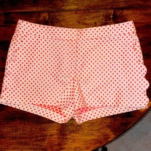 J. Crew size 6 shorts. White with pink pinks dots and scalloped pockets.